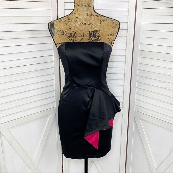 Moa Moa Strapless Colorblock Ruffle Mini Party Dress Black Pink Small - Picture 1 of 12